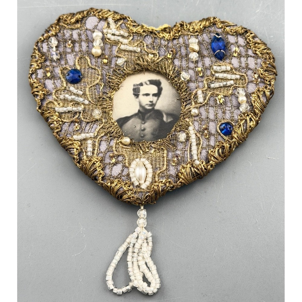 Vintage Mourning Hand Made Soldier Portrait Jeweled Heart Frame 3.5"